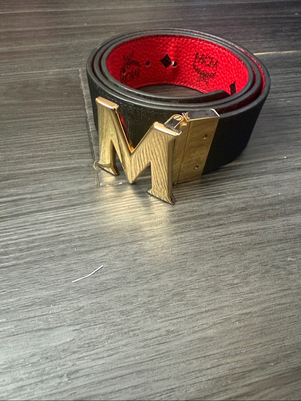 MCM Black Leather Belt with Gold M Buckle and Red Lined Interior